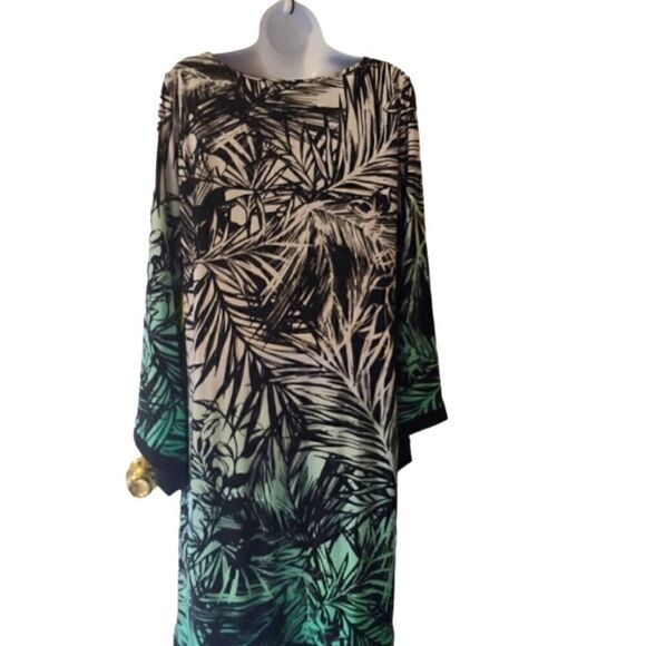 Emma & Michelle black, white, aqua tropical fauna dress size L - Picture 5 of 8